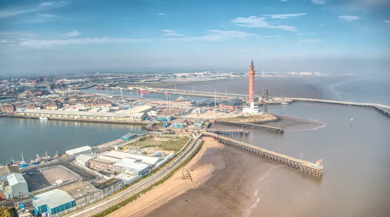 Aerial view of Grimsby port on a sunny day.